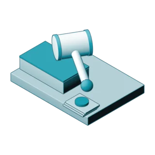 Isometric illustration of a gavel resting on its block beside a sealed award